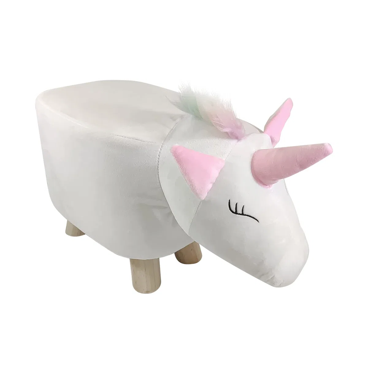 MiaSuite Poggiapiedi Pouf Animale Unicorno alto 28 cm - Pelle Scamosciata Impermeabile, Piedi in Legno Massello di Qualità.