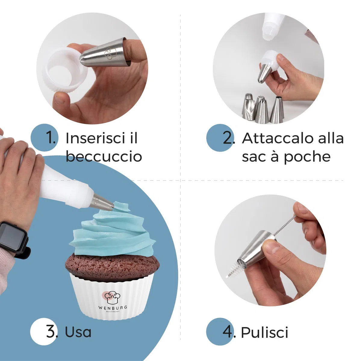 Wenburg Sacca a Poche per Dolci - 7 Ugelli per Tubazioni - Sac a Poche in Cotone da 40 cm - Bocchette Professionali in Acciaio Inox per la Decorazione di Torte, Cupcake e Biscotti (Set Premium Plus)