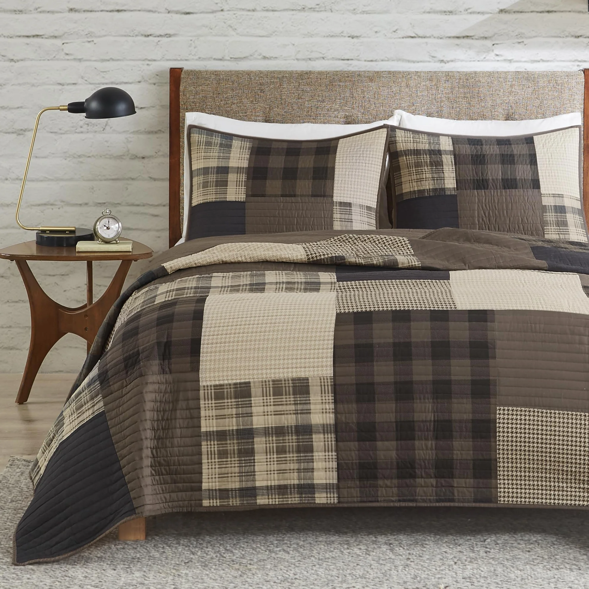 WOOLRICH Set trapunta Cottage Styling Reversed to Tinta Unita, Cotone, Plaid Tan, Oversize Cal King