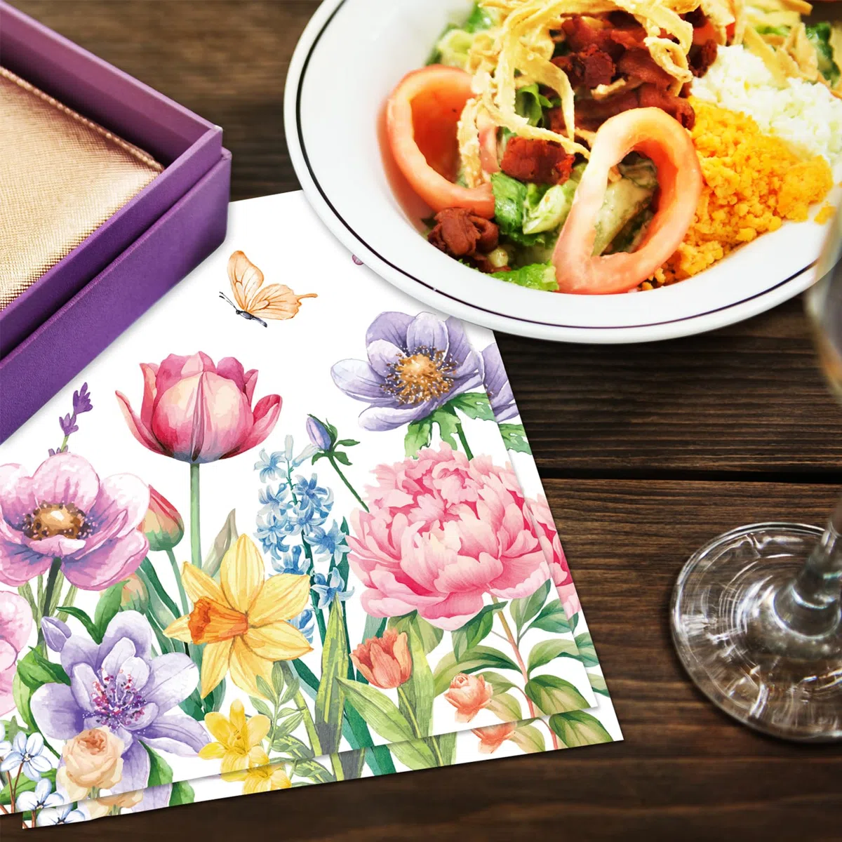60 tovaglioli usa e getta per bevande, motivo con farfalle, fiori e foglie, tovaglioli a tema primavera estate a tema farfalla fiore carta da cocktail a 2 veli, per vacanze, pranzo, cena, feste
