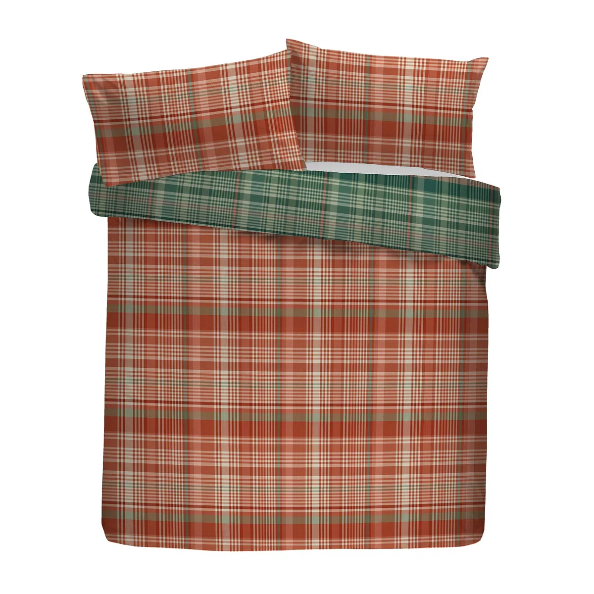 Dreams & Drapes Lodge Bennet - Set copripiumino a quadri, 100% cotone spazzolato, king size 230 x 220 cm, verde, motivo tradizionale a quadri, 2 federe