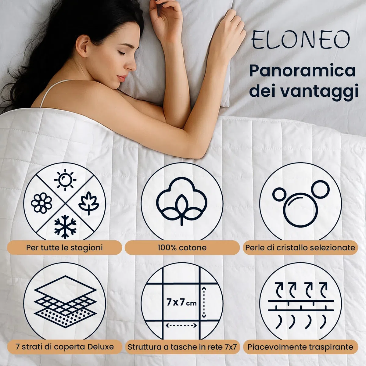 ELONEO Coperta Ponderata 135x200 cm 9 kg, certificata TÜV e Oeko-Tex, Weighted Blanket in 100% cotone, coperta rilassante e terapeutica antistress, coperta pesante per dormire