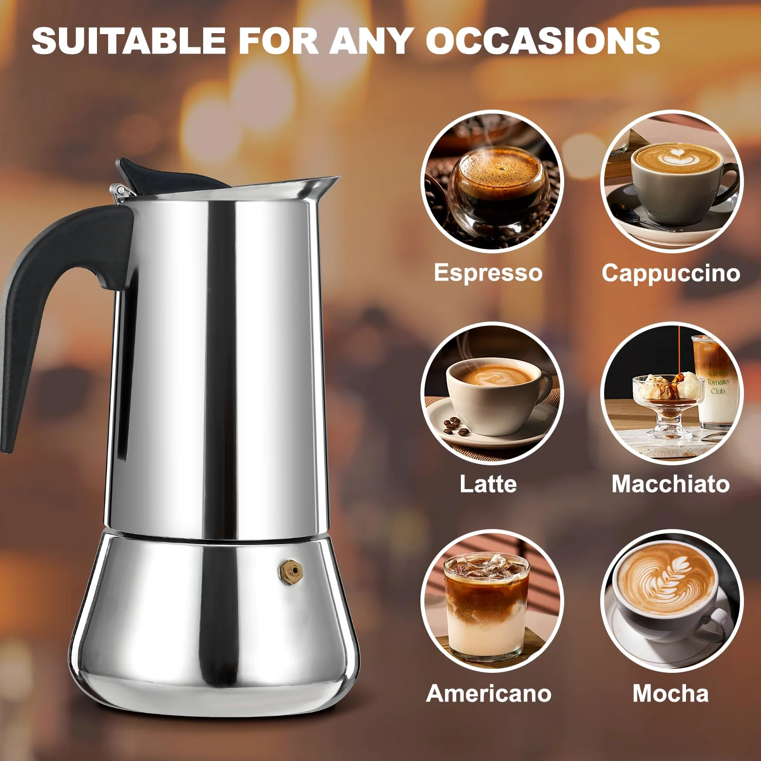 6 Tazze Stovetop Espresso Maker Moka Pot Espresso Maker in acciaio inox Percolator Italian Coffee Maker Capable Mocha Coffee Machine Cafe Classic Maker for Home e Camping 300ml 10oz