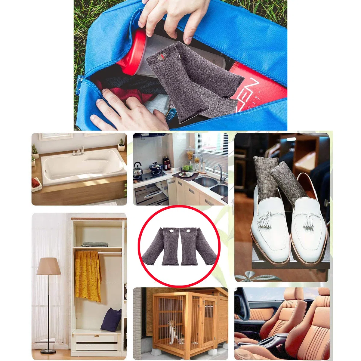 85g x10 Deumidificatore Naturale, Sacchetto Carbone bambù, Deodorante Auto, Purificatore d'Aria, Assorbi umidità Armadio, Elimina Odori per Frigorifero Seminterrato Scarpe Borsa da Ginnastica
