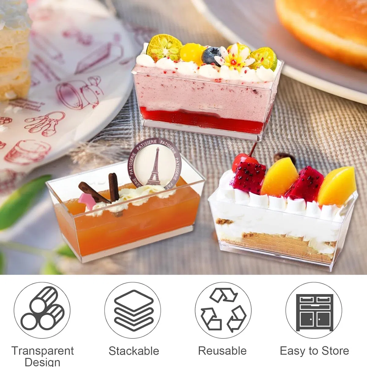 50 Pezzi Tazze da Dessert in Plastica con Cucchiai, 140 ml Contenitori Riutilizzabili Quadrati Trasparenti per Budini, Mousse, Gelati, Compleanni, Matrimoni