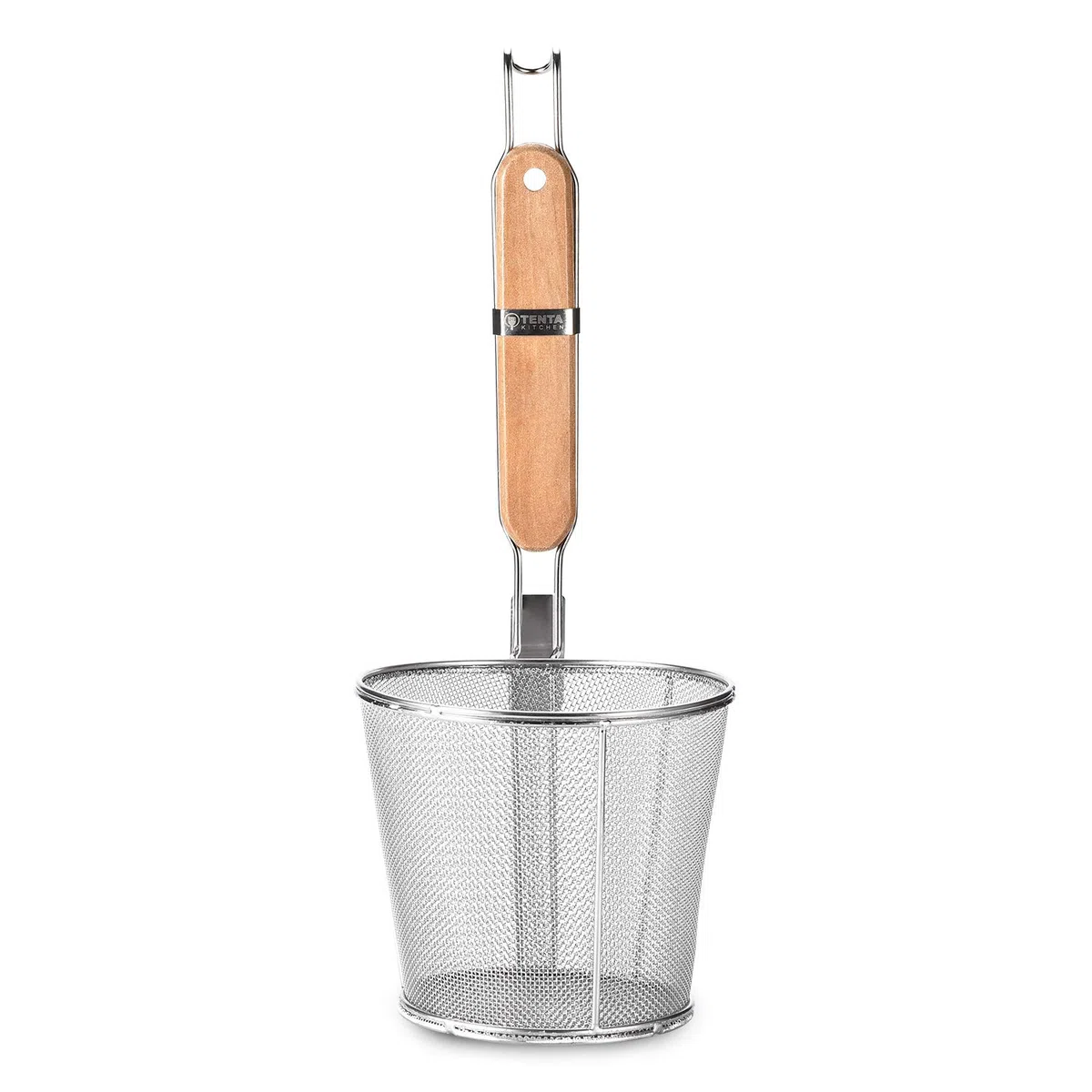 TENTA TENTA KITCHEN Stainless Steel Skimmer Strainer, Wire Skimmer with Spiral Mesh Bamboo Handle Spoon/Ladle for Spaetzle/Pasta/Chips(1pc, S Size)