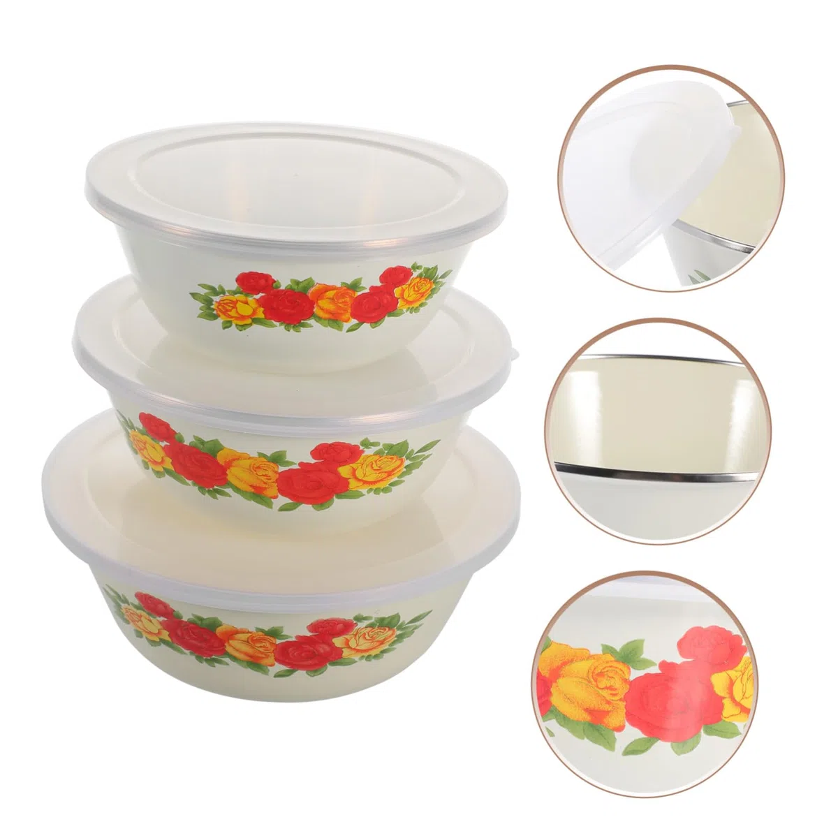 Set 3 Ciotole Smaltate Profonde con Coperchio Trasparente in Silicone, per Zuppe e Insalate, Perfette per Uso Domestico e Ristorante