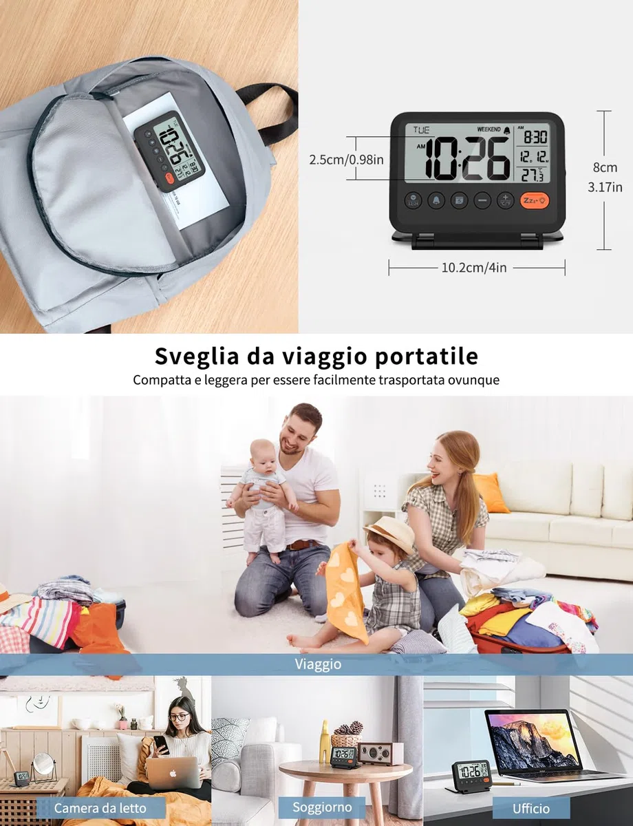 Sveglia digitale da viaggio: Piccola sveglia LCD con temperatura, 12/24 ore, modalità weekend e 2 volumi, ideale per la camera da letto e l'ufficio (batteria inclusa)