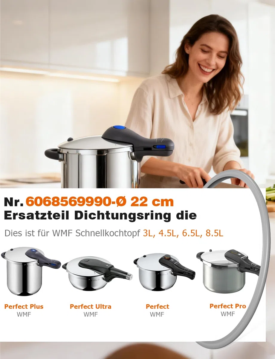 Mellbree Anello di tenuta per WMF, 22 cm, guarnizione con 1 segnale di cottura, 6068559990 6068559997, ricambio per pentola a pressione per WMF e Silit 3 4,5 6,5 8,5 l, silicone