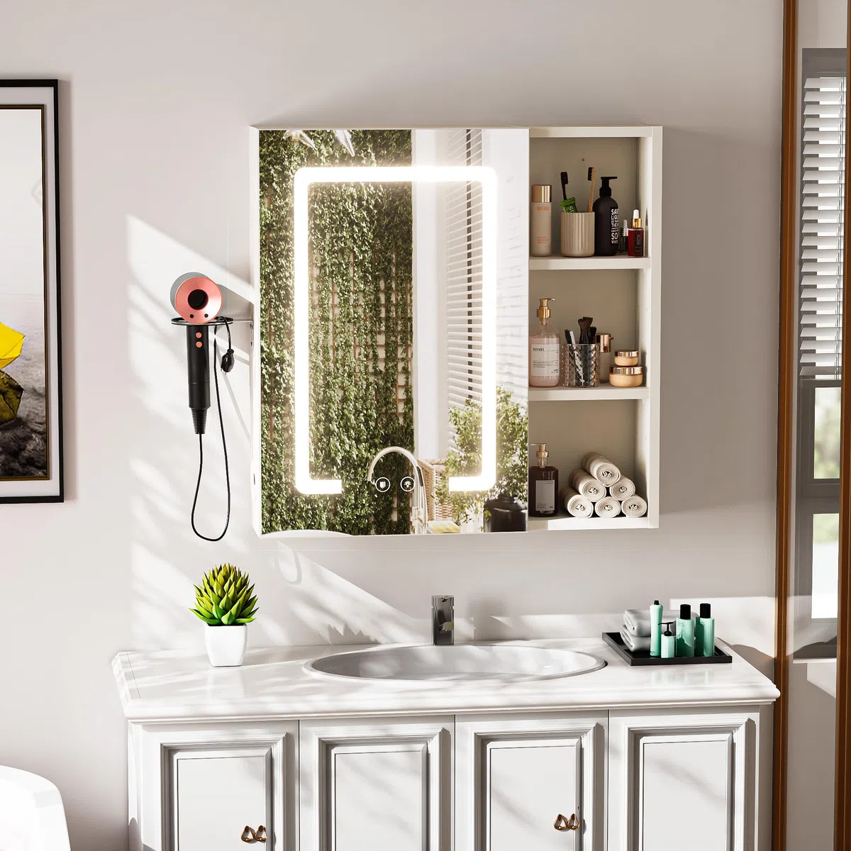Specchio Bagno Contenitore con 3 Colori Luce, Armadio Specchio Bagno con Deumidificazione con 1 Tocco e Funzione di Memoria & con Mensola Regolabile(60x60x15 cm,Bianco)