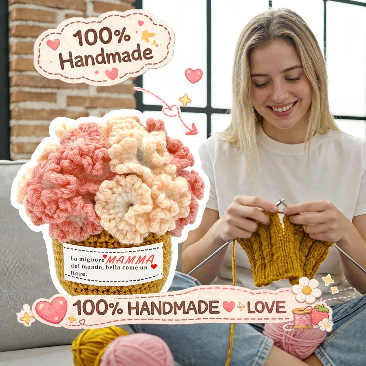 Regalo Mamma, Regalo Mamma Compleanno Decorazioni per la Vaso con Garofani all'uncinetto, la Migliore Idea regalo per la festa della mamma