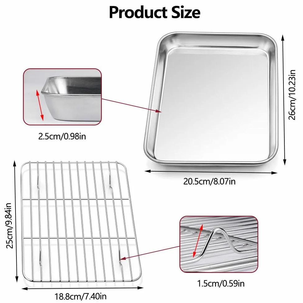 Teglia da Forno con Griglia di Raffreddamento in Acciaio Inox 26x20,5x2,5cm Teglia Forno Rettangolare, Teglie da Forno, Teglia con Griglia, Placca da Forno, Griglia da Forno per Pane, Biscotti