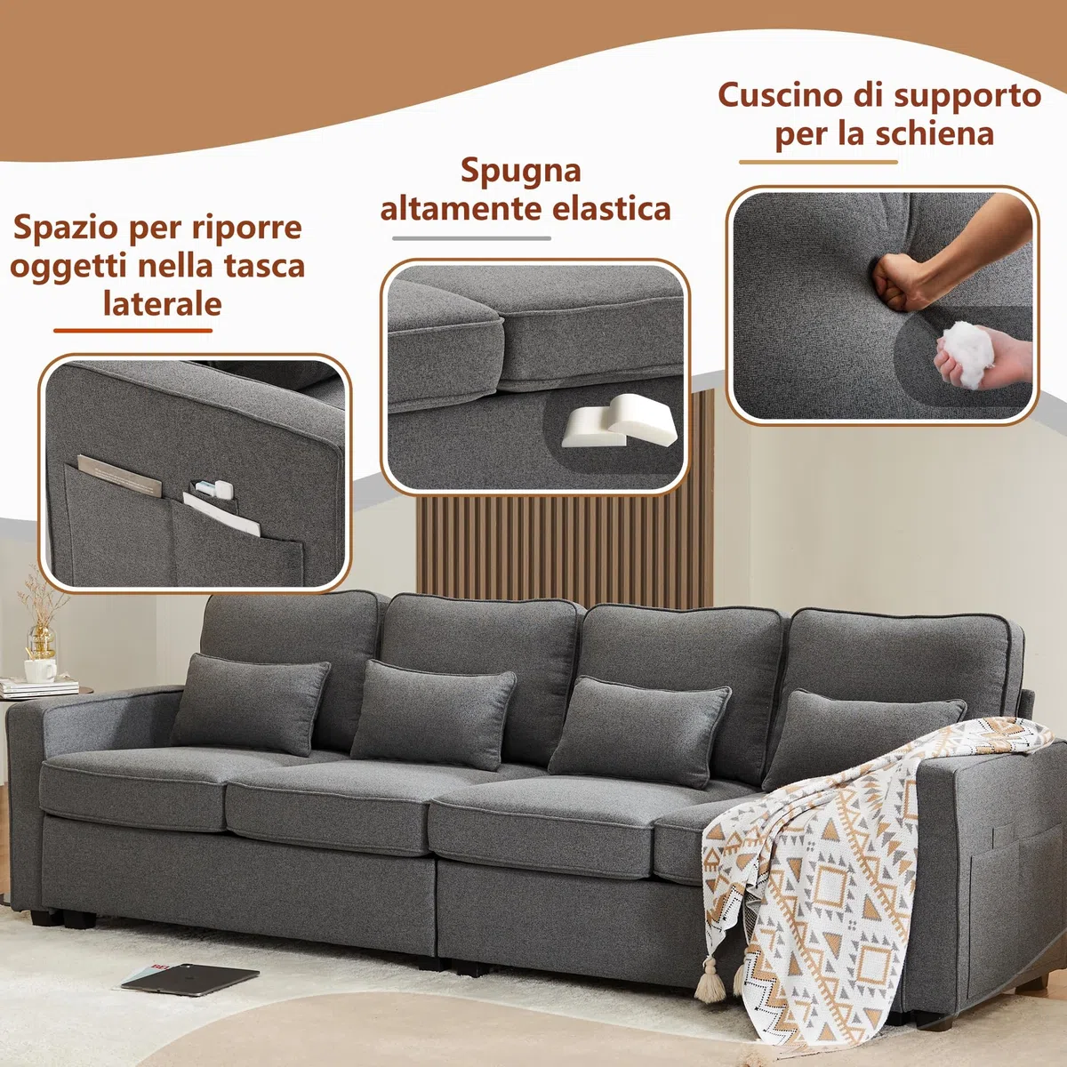 Divano moderno a 4 posti in tessuto di lino, divano a quattro posti con tasche per braccioli e 4 cuscini, divano dallo stile semplice, adatto a soggiorno, casa, ufficio (Grigio scuro)