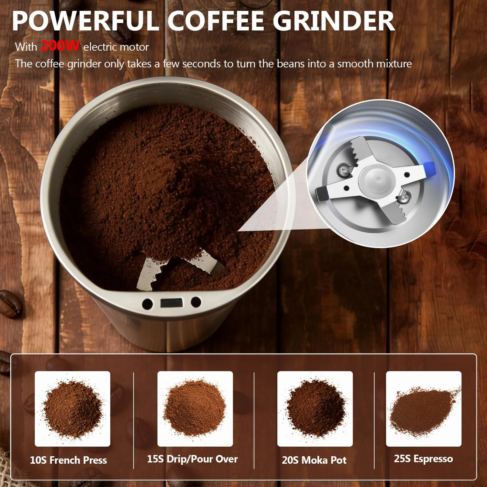 Macina Caffè Elettrico, Macinacaffè Elettrico per Spezie con Lame Acciaio Inossidabile 200W Macinino Elettrico Compatto Un Tocco per Chicchi di Caffè, Macina, Erbe, Cereali, Noci