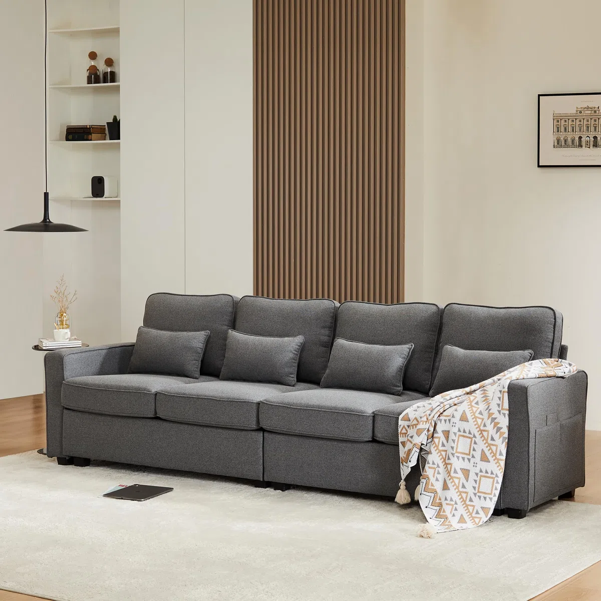 Divano moderno a 4 posti in tessuto di lino, divano a quattro posti con tasche per braccioli e 4 cuscini, divano dallo stile semplice, adatto a soggiorno, casa, ufficio (Grigio scuro)
