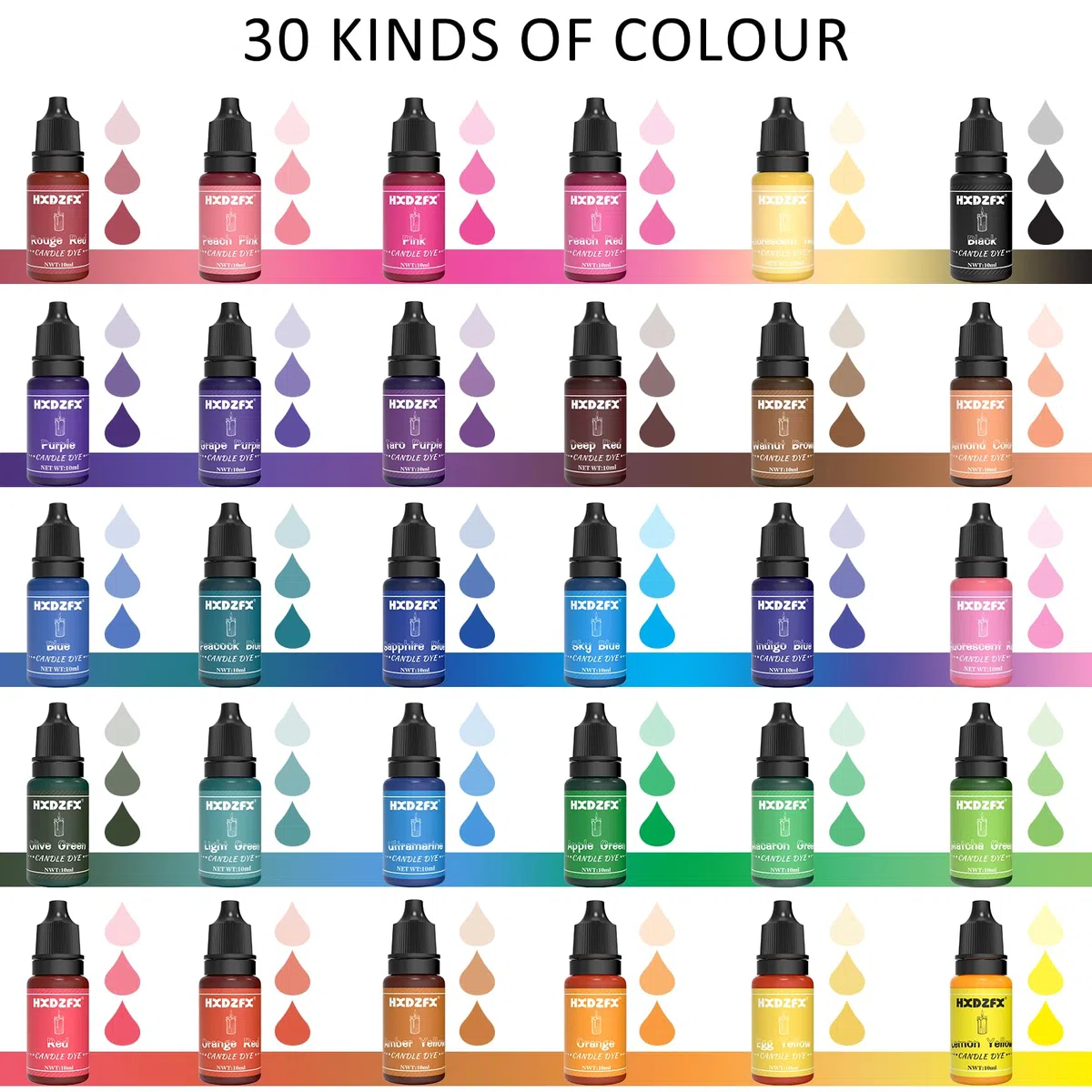 Coloranti per Candele 30 Colori - Liquido per Cera, Gel, Paraffina, Soia, D'api - Concentrato Fai Da Te