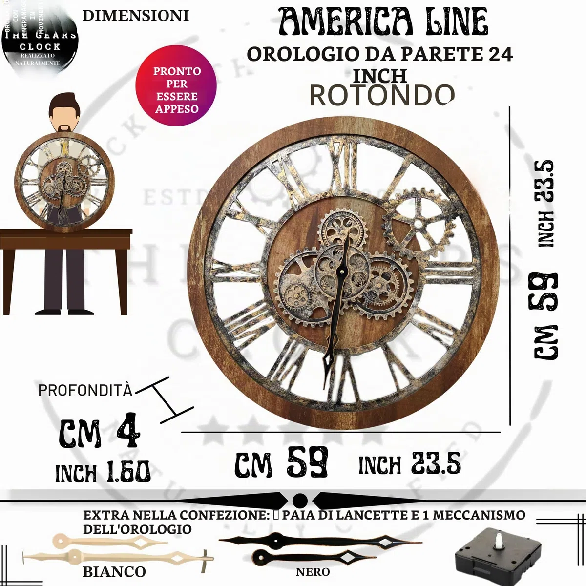 ImprovingLife - Orologio da parete in stile vintage, industriale, stile rustico, 60 cm (legno nero e bronzo)