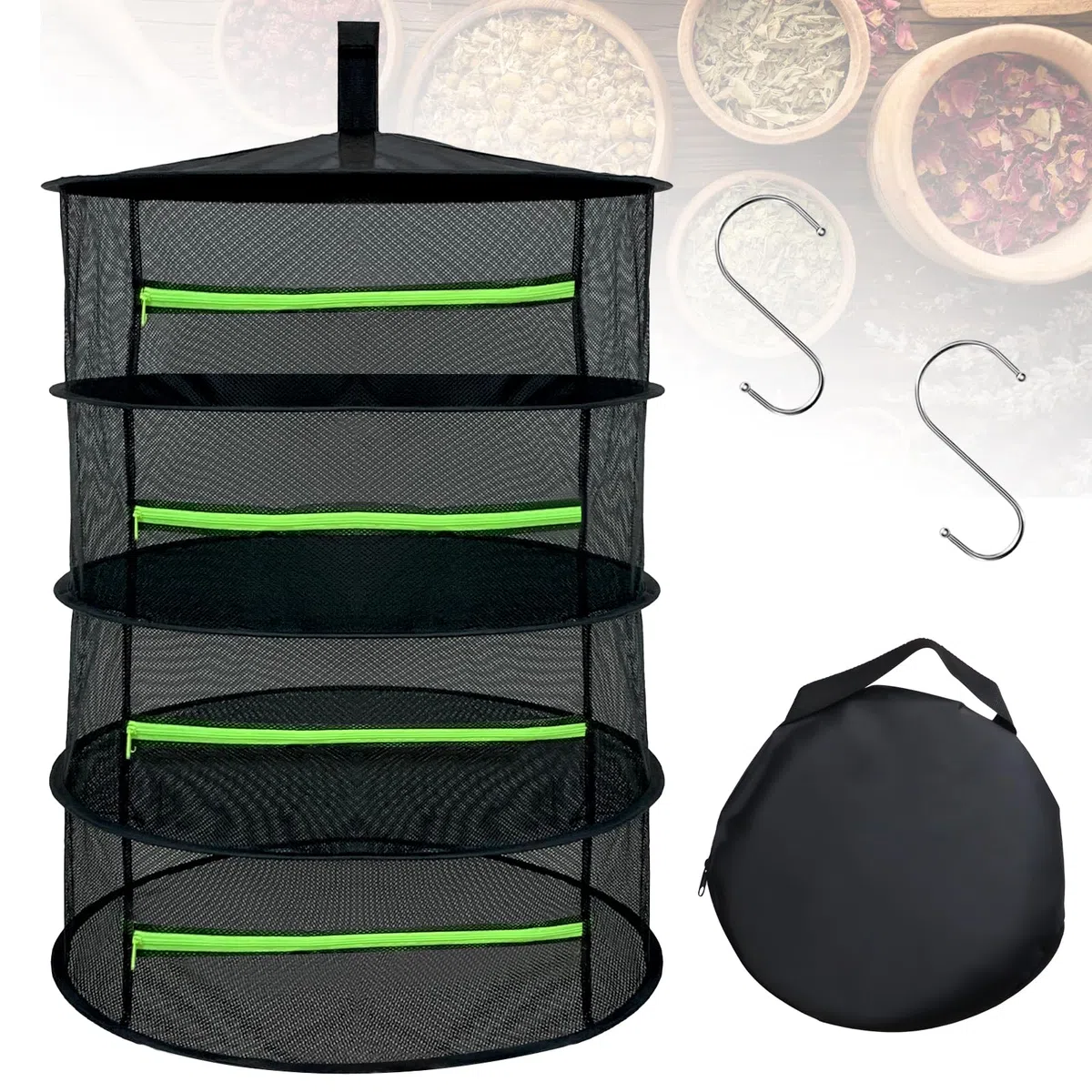 Rete per essiccazione a 4 strati per erbe aromatiche, nera essiccatore per erbe aromatiche con 2 ganci a forma di S e borsa portaoggetti per essiccare fiori, semi, erbe aromatiche