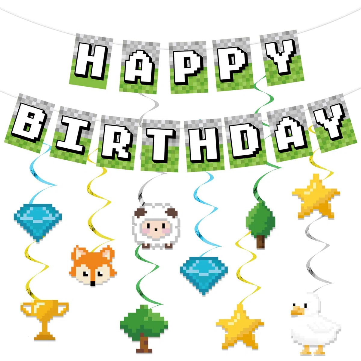 Striscione di Buon Compleanno Pixel, Striscione di Buon Compleanno Pre-Infilato a Tema Gaming con 10 Spirali Appese per Decorazioni Feste Pareti Casa e Porte