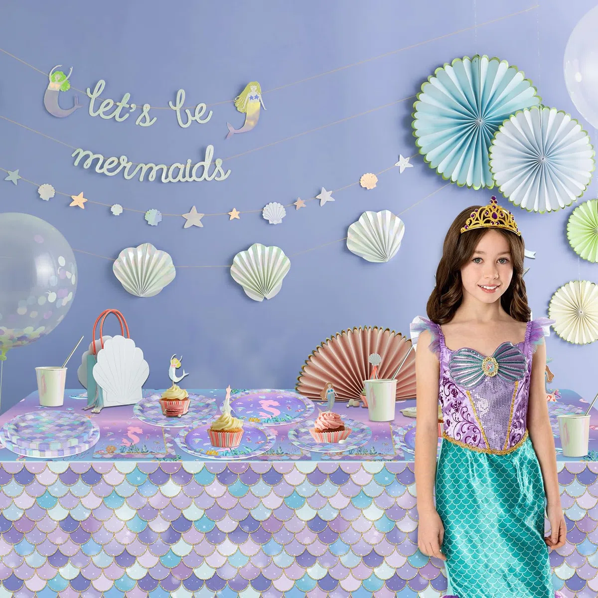 Set da 61 Pezzi per Decorazioni a Tema Sirena - Tovaglia, Piatti e Tovaglioli per Festa di Compleanno - per 20 Persone