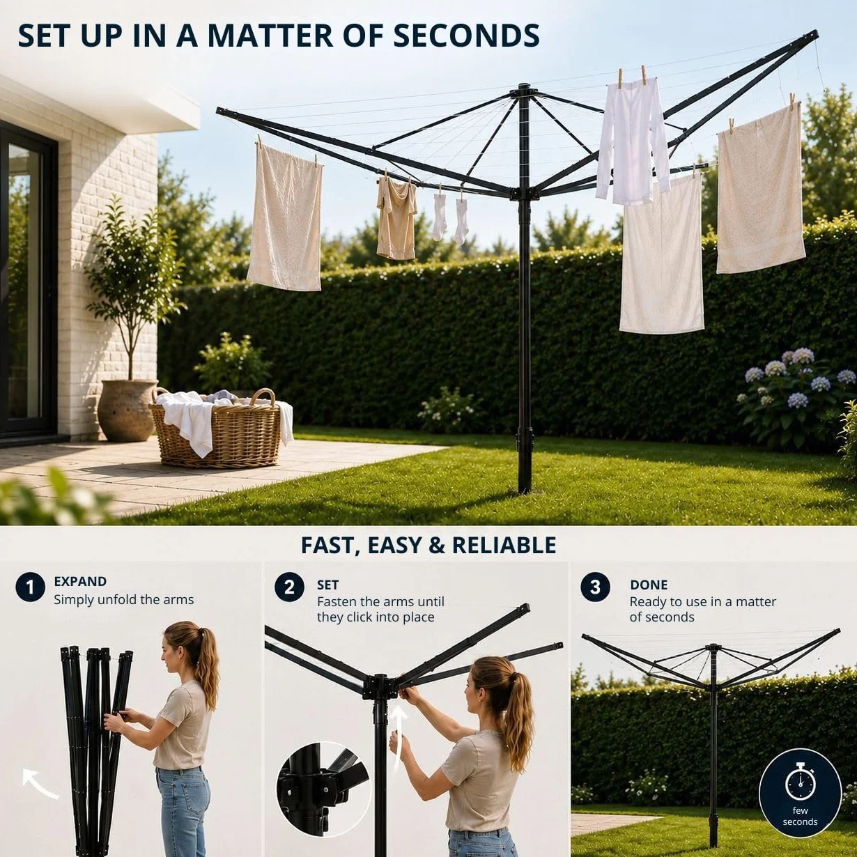 Vonia Stendibiancheria da Esterno 45 m - Stendino Rotativo 4 Bracci in Alluminio, Ancoraggio Metallico Incluso, Fili Retensionabili, Giardino, Nero