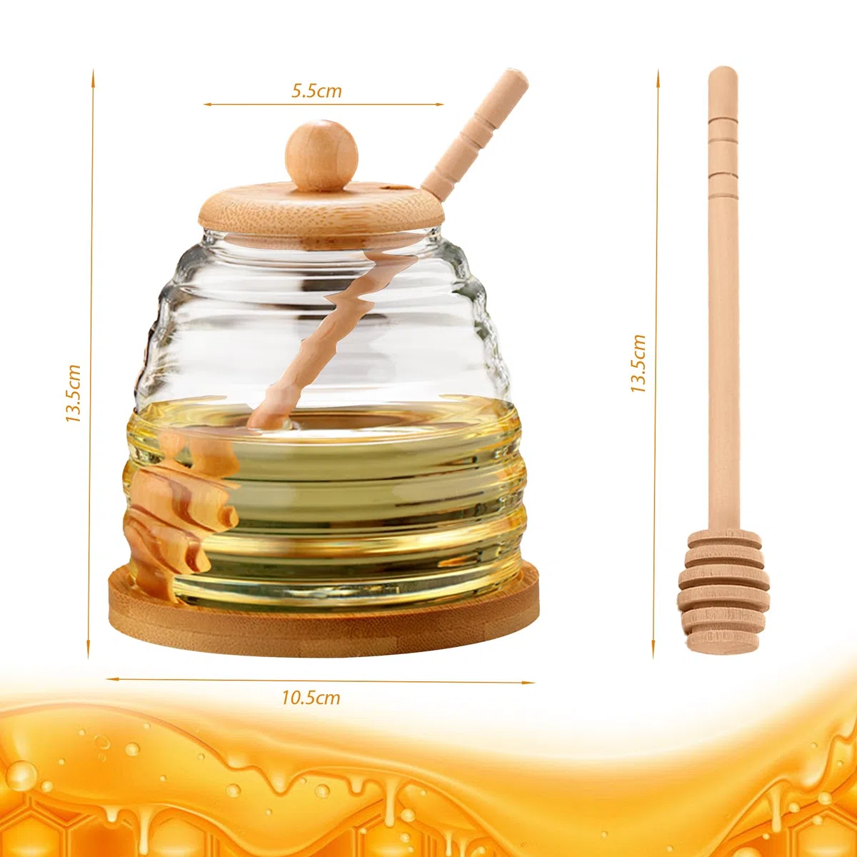 Barattolo per Miele 500ml - Porta Miele Trasparente Vasetto per Miele, Barattoli per Miele in Vetro con Coperchi e Cucchiaio per Conservazione e Distribuzione di Miele e Sciroppo