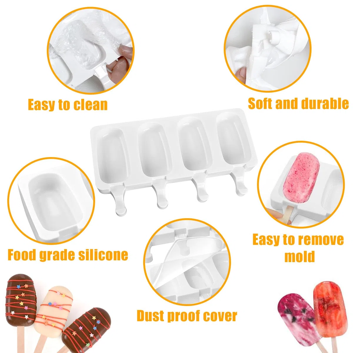 2 Pezzi Stampi Gelato con 100 Bastoncini Legno e Coperchio, 4 Cavità Stampo Ghiaccioli Silicone, Formine per Cioccolato Congelato Fai Te, Stampini Gelati Riutilizzabile per Bambini Adulti