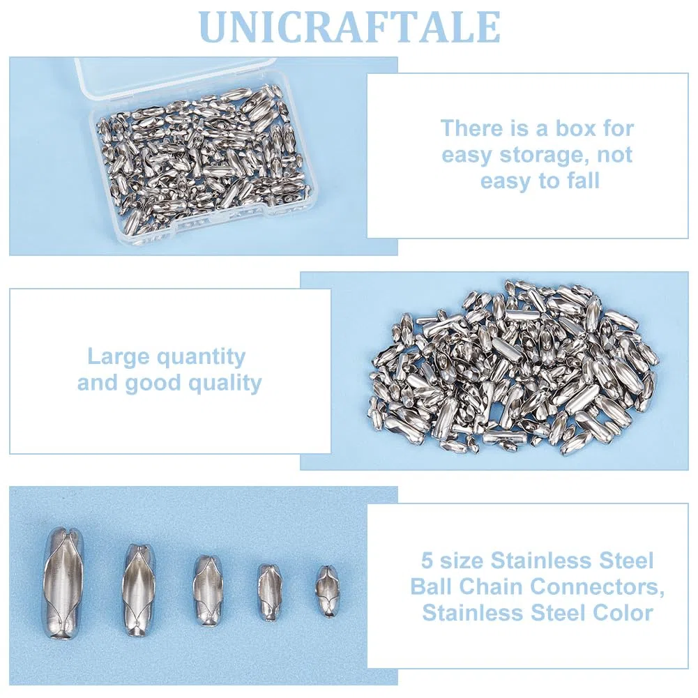 UNICRAFTALE 5 Dimensioni Circa 205 Pz Connettori A Catena Sfera in Acciaio Inossidabile Catena a Palline per Collanada 1.5/2/2.4/3.2mm Connettori A Catena A Sfere per Creazione di Gioielli Bracciali
