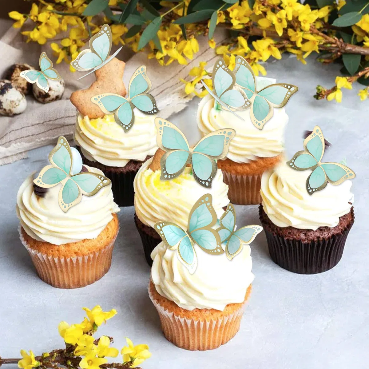 Blumomon Accessori per torta 3D con farfalle, decorazioni, bordo in oro verde, dimensioni miste, topper per cupcake a farfalla, matrimonio, baby shower, matrimonio, anniversario, compleanno, festa,