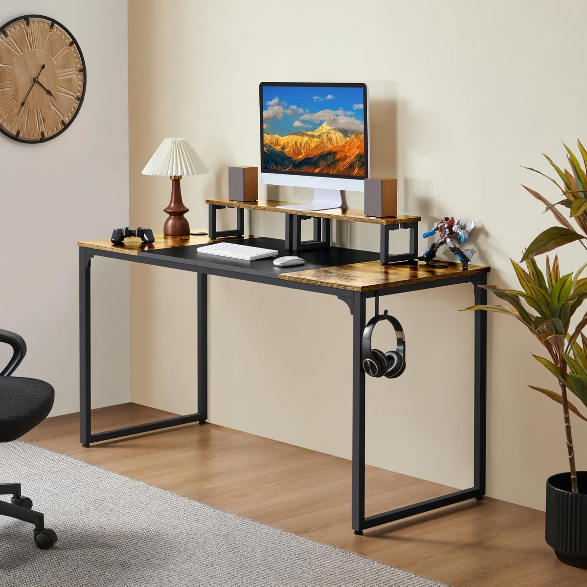 Yaheetech Scrivania per Computer Tavolo per PC Postazione di Lavoro Portaoggetti 140 x 60 x 89 cm Mobile da Ufficio a 2 Ripiani in Legno e Metallo Tavolo per Studio Vintage e Industriale