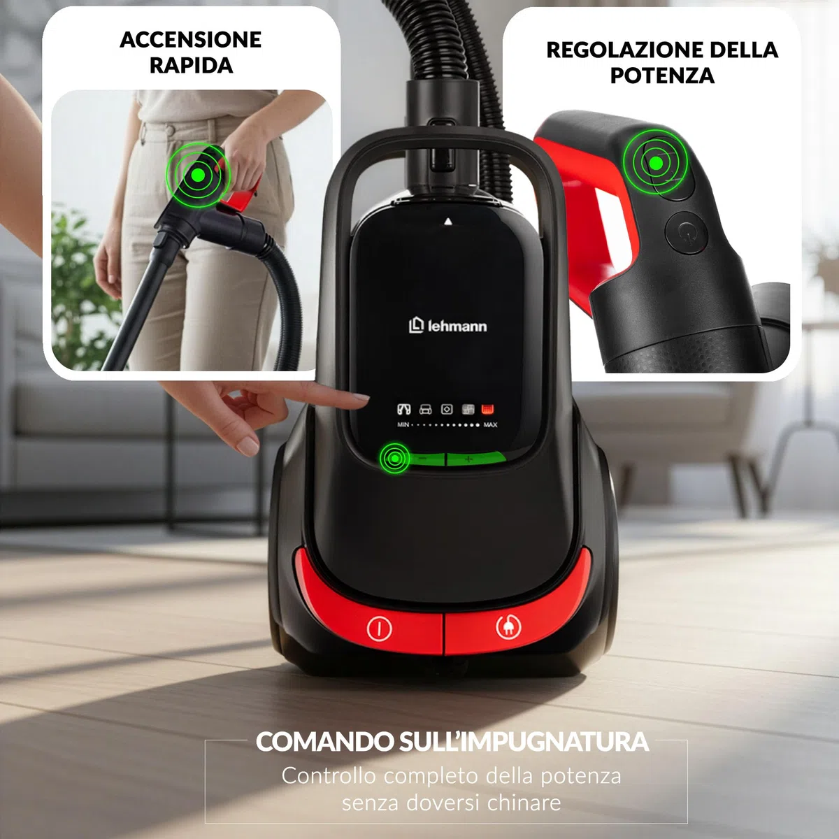 LEHMANN Aspirapolvere a Traino senza Sacco, Controllo sull’impugnatura, Doppia Filtrazione & Filtro HEPA, Serbatoio 1,5 L, Compatto, Aspirapolvere Ciclonico Potente con 4 Modalità Multi-superficie