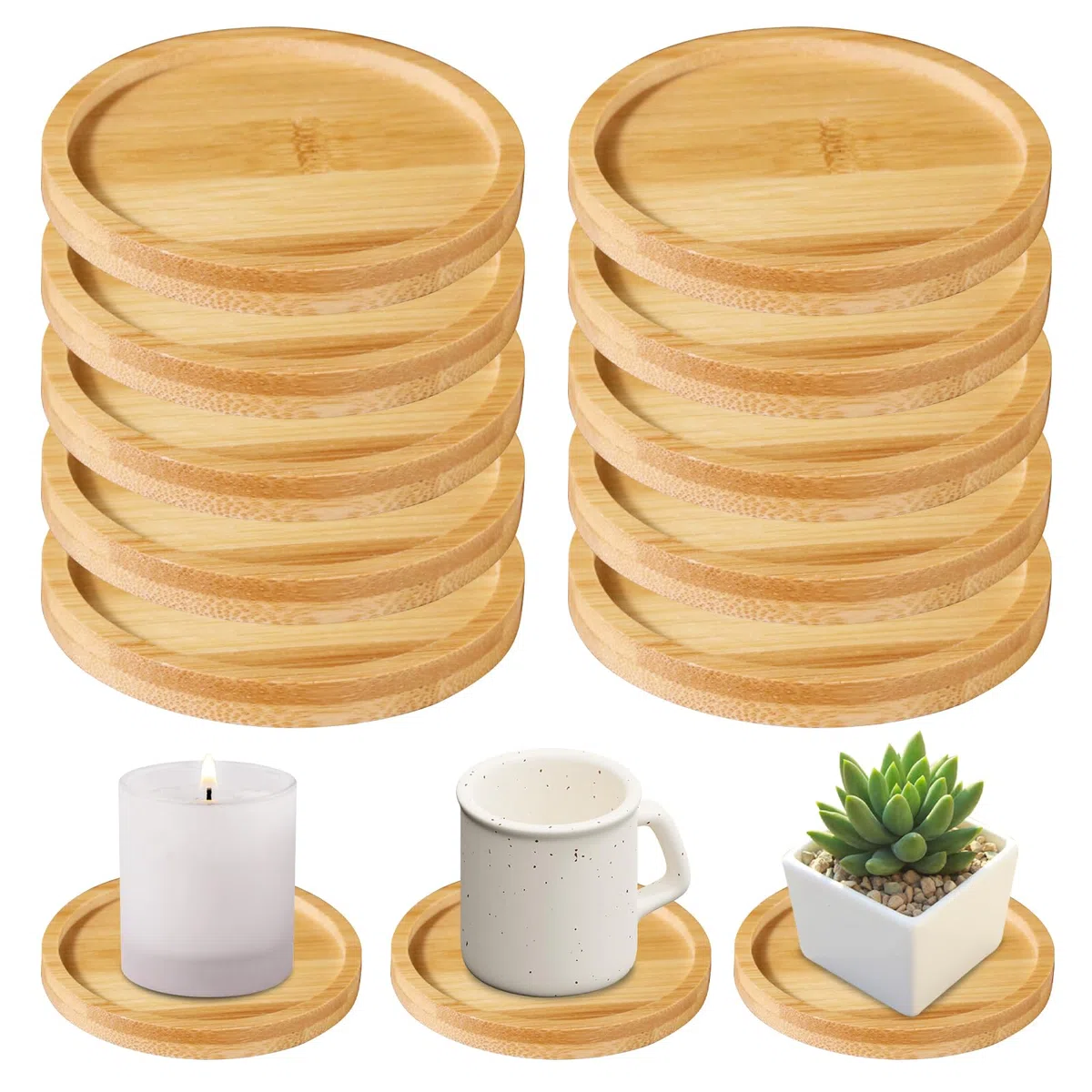 Piatti per Candela: 12 Pezzi Rotondi Piattini Decorativi in Bambù, Sottobicchieri in Legno per Battesimi, Vassoio Decorativo per Candele per Decorare o Come Articolo da Regalo (Diametro 9cm)