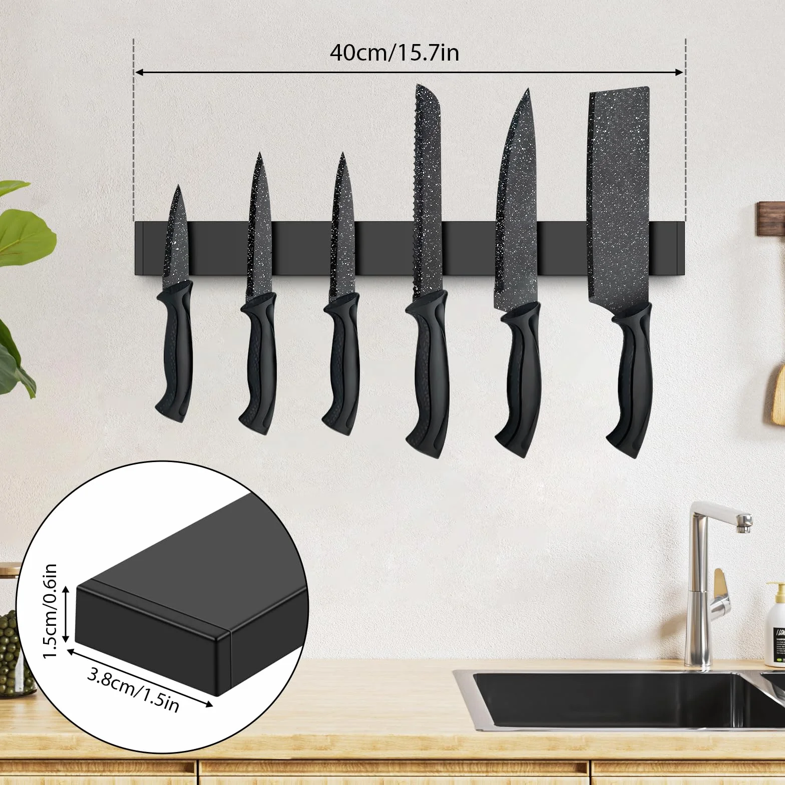 Portacoltelli Magnetico, Barra Magnetica per Coltelli, Porta Coltelli Magnetico in Inox, Porta Coltelli Cucina Senza Forare, Portacoltello Magnetico per Coltelli, Utensili (Nero, 40 cm)
