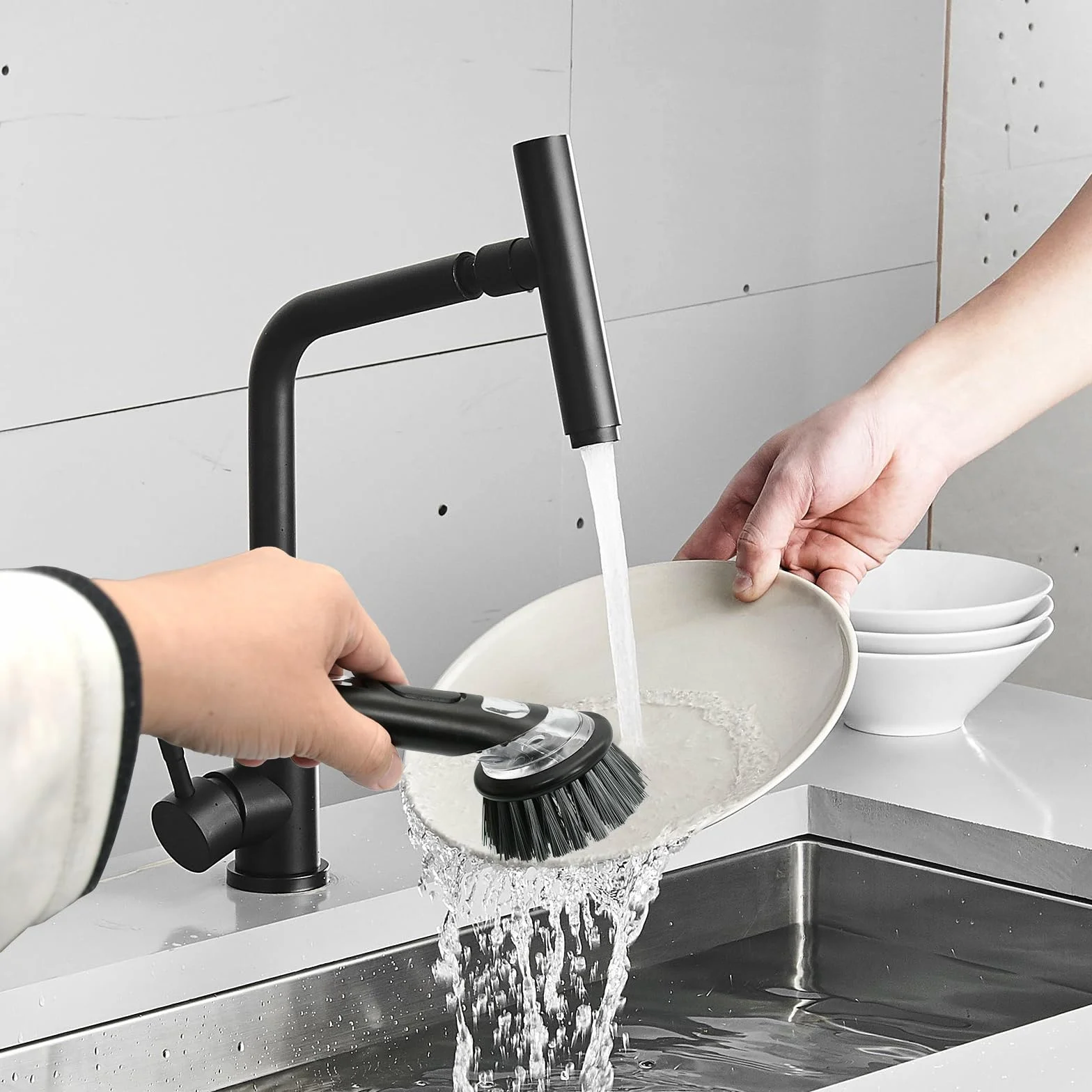 Spazzola Piatti Con Dispenser con 3 Testine Di Ricambio Spazzola per Piatti Setole Rigide Forte Rimozione Delle Macchie Spazzola Piatti Impugnatura Morbida Grigio