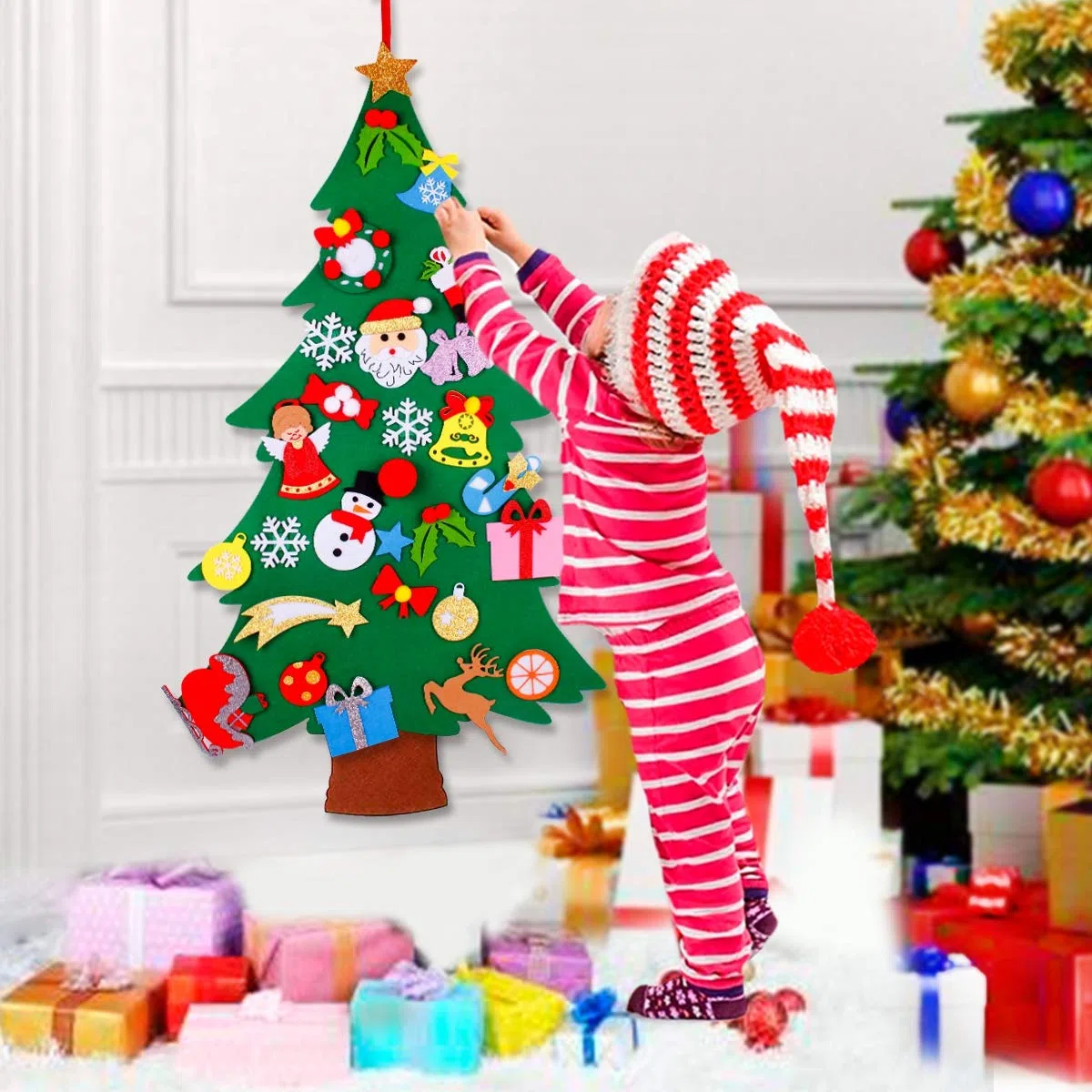 FengRise Albero Natale Feltro - 120cm Albero di Decorazioni Natalizie con 25 Ornamenti Natalizi Staccabili per Regali di Natale di Nuovo Anno per Bambini, Decorazioni Natale per Casa Pareti di Porte