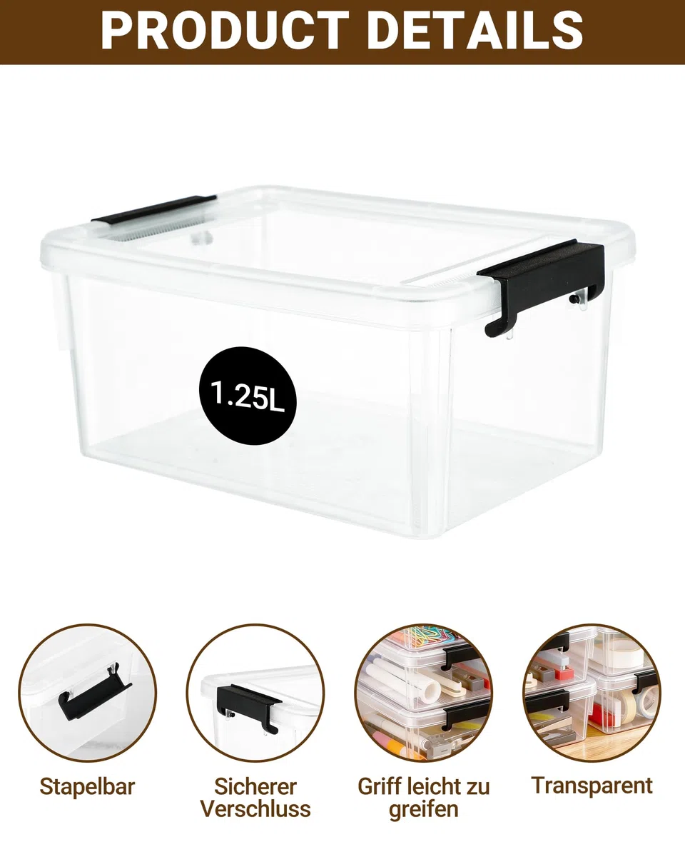 Set di 6 contenitori da 1,25 l con coperchio piccolo, impilabili, piccoli contenitori da 17,7 x 13 x 8,2 cm, scatola di plastica trasparente, per cancelleria, materiale fai da te, accessori