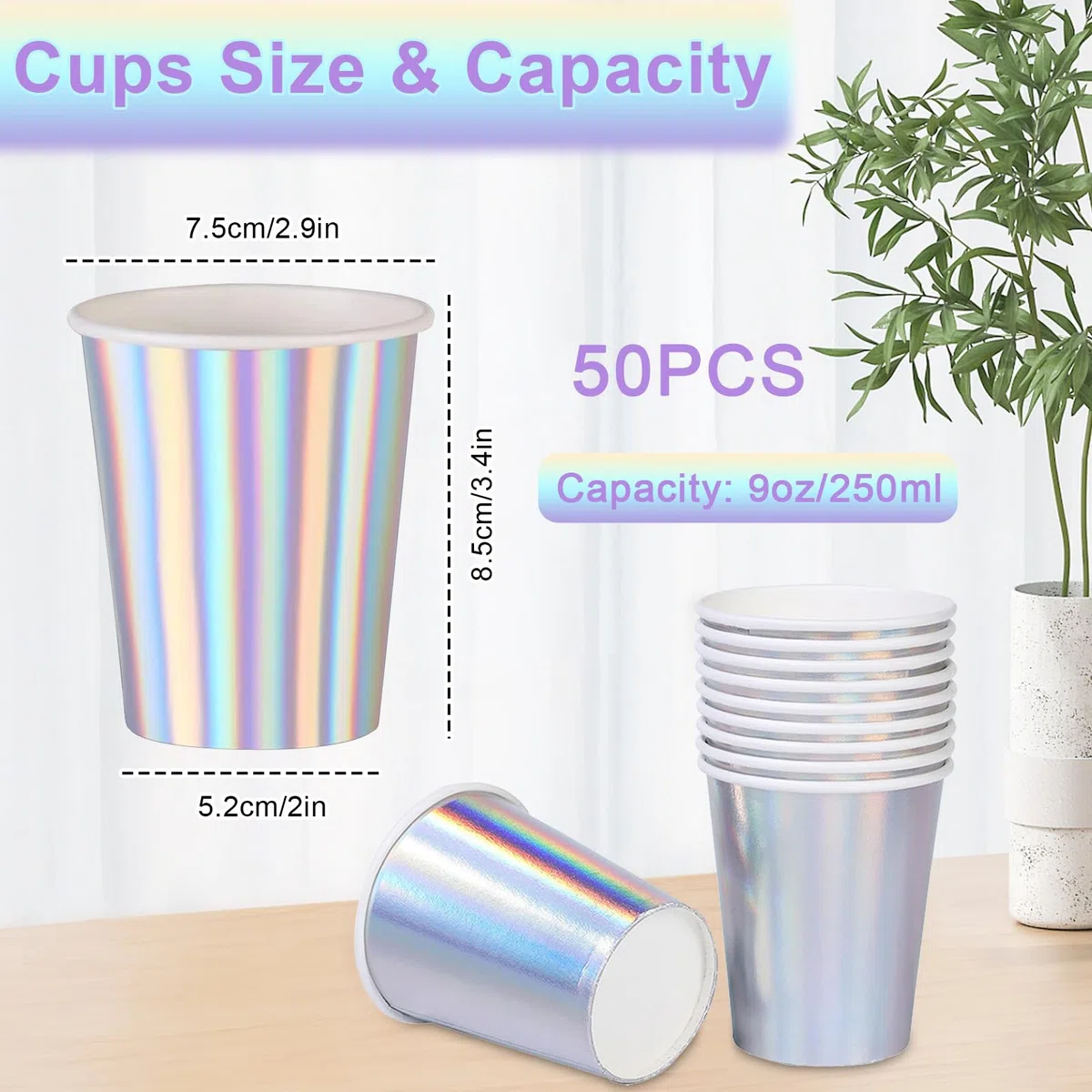 Bicchieri di carta colorati, 50 pezzi, 250 ml/9 oz, bicchieri di carta per bambini, bicchieri di carta, per matrimoni, feste, bicchieri di carta, in argento olografico, per compleanno