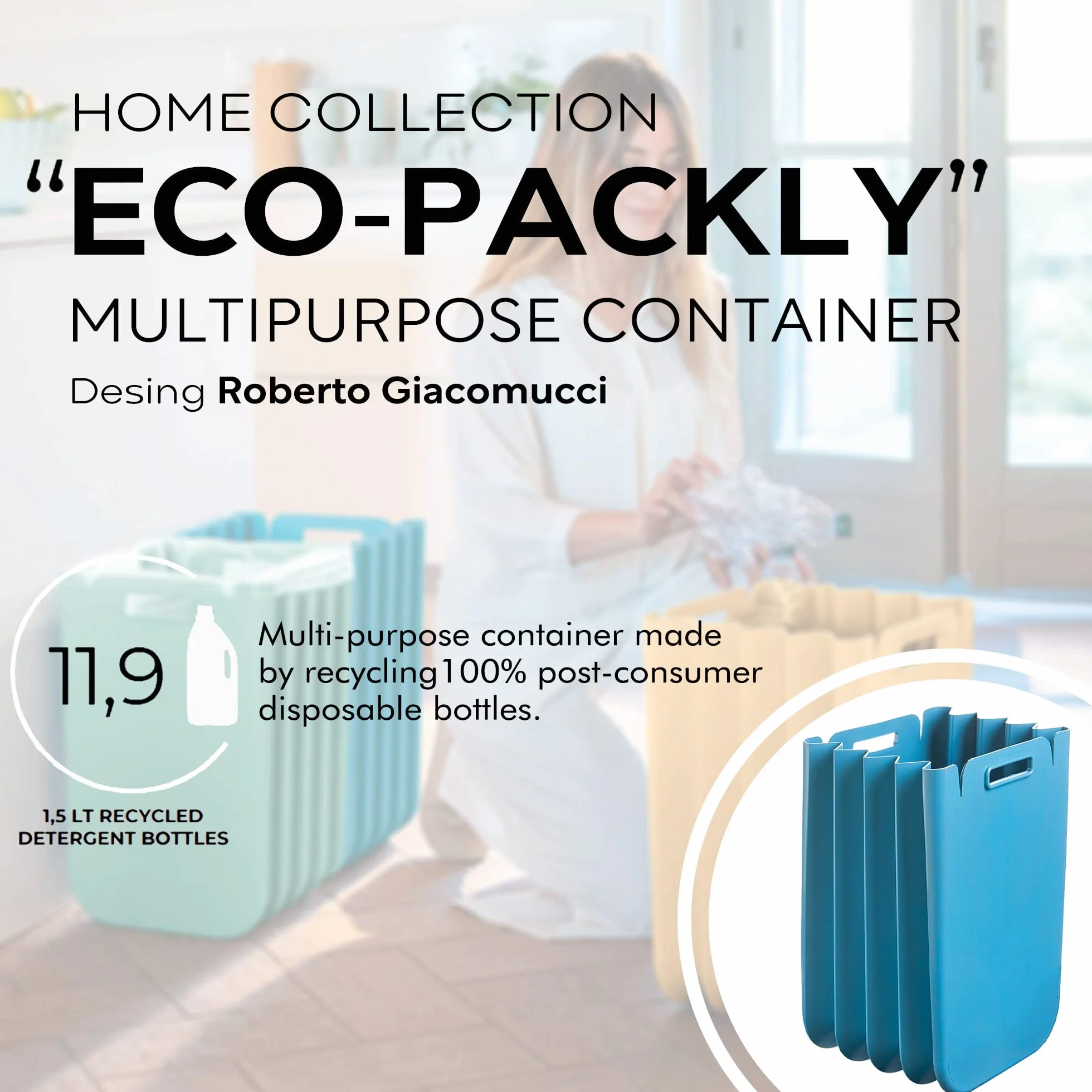 Set di 3 contenitori multiuso pieghevole da 25 litri c/uno (75 l totali), in plastica riciclata, 45 x 30 cm, colore