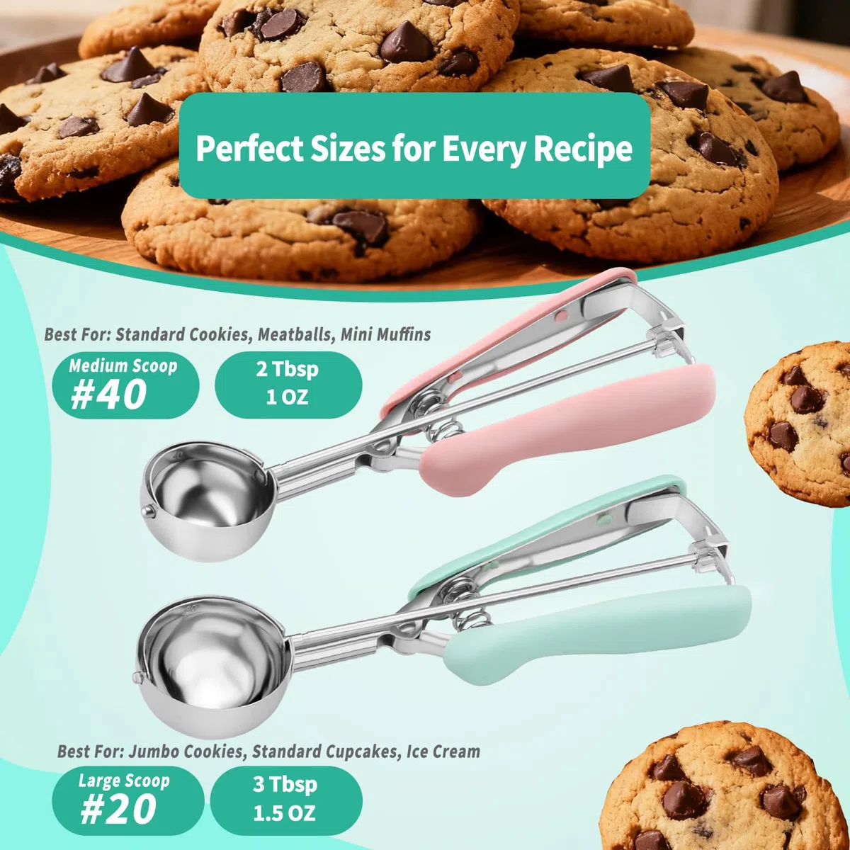 Set di 2 Porzionatori per Gelato e Impasto Biscotti in Acciaio Inox 18/8, Cucchiaio Dosatore con Impugnatura Morbida Ergonomica e Sistema a Molla per Cupcake, Muffin, Polpette - Rosa & Verde Menta