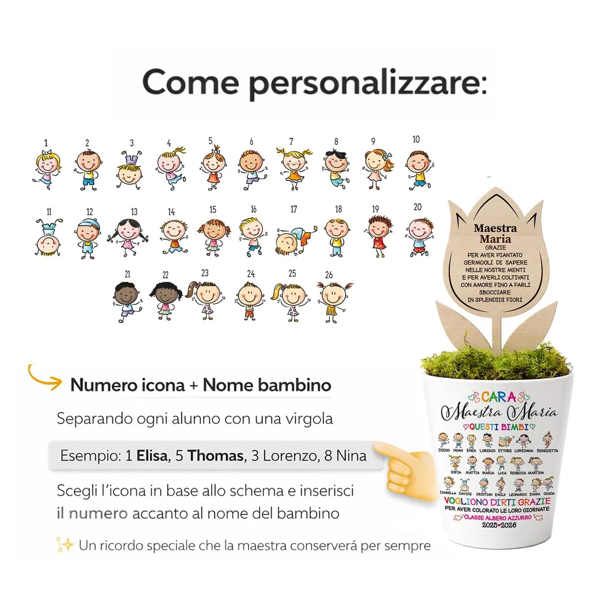 Regalo Maestra Fine Anno Personalizzato con Nomi Bambini – Vasetto Decorativo con Fiore in Legno Inciso – Idea Regalo Insegnante Originale Classe