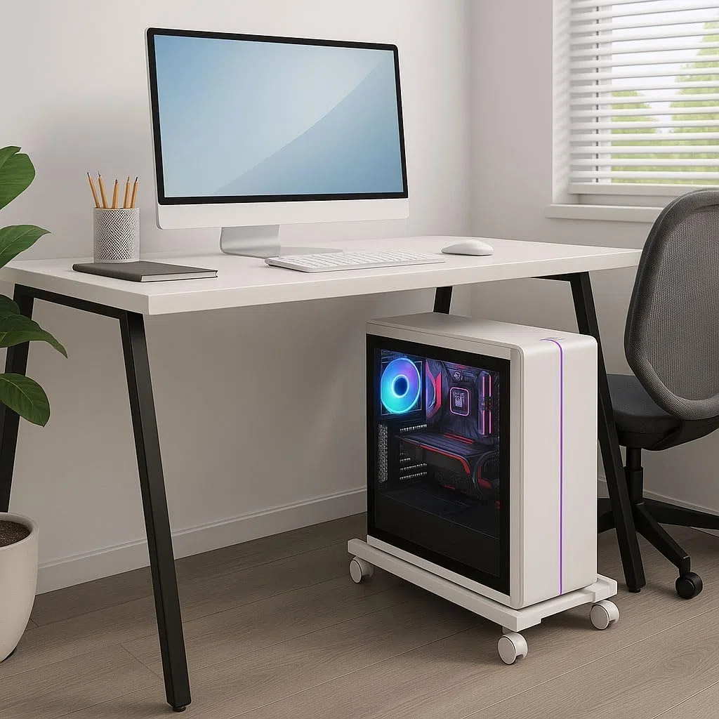 Pc Stand, Mobile Cpu Stand, Supporto Universale Regolabile, Computer Desktop Stand con 4 Ruote, per Gamer, Casa, Ufficio Bianco