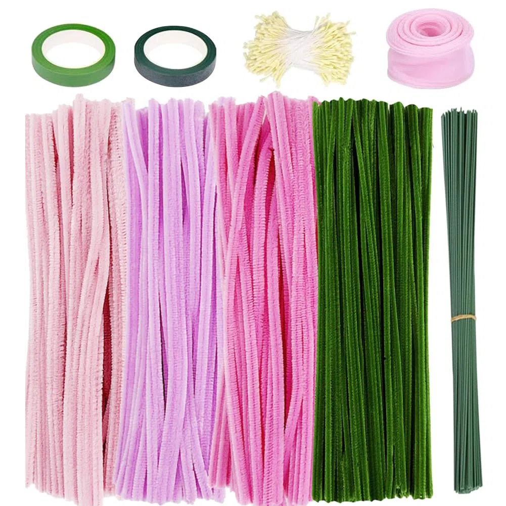 Pulitori per Pipe Rosa Set di Pulitore per Pipe Fiori per Fai da Te con Bastoncini di Fiori Rotoli di Nastro Stick di Colla Confezioni di Bouquet Nastri Stami