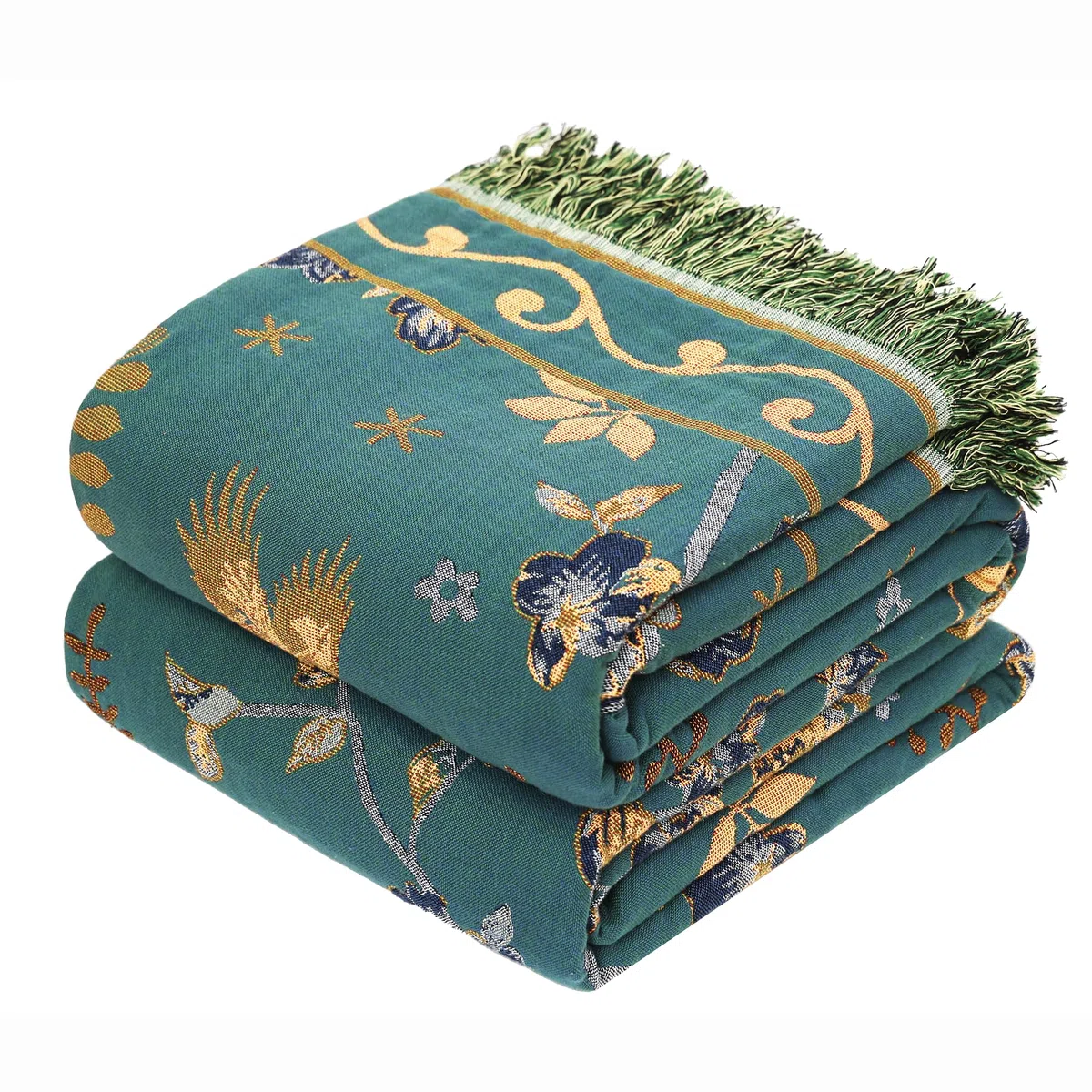 VANJOROY Coperta per Divano e Letto Grande in 100% Cotone Organico con Motivo Floreale di Uccelli - 130x150cm, Coperta Morbida Doppio Lato Stile Bohémien per Poltrona Singola a 2 Posti, Tappeto da