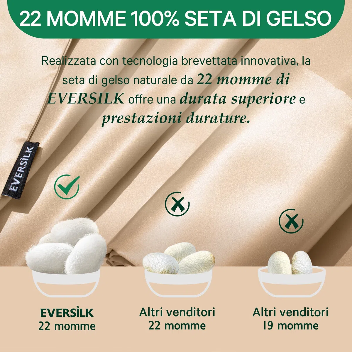 Federa per cuscino in seta per capelli e pelle: 100% Seta di gelso Naturale da 22 Momme - con cerniera nascosta doppia faccia - ipoallergenica certificata OEKO-TEX 1 Pezzo Grigio Champagne 50 x 80 cm