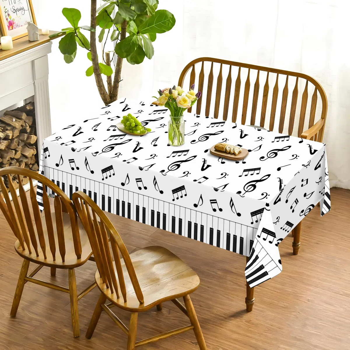 1 tovaglia in plastica con note musicali a pianoforte, 137 x 210 cm, colore bianco e nero, con note musicali letterarie, matrimoni, baby shower, feste, vacanze, cene, picnic o tovaglia per cucina e