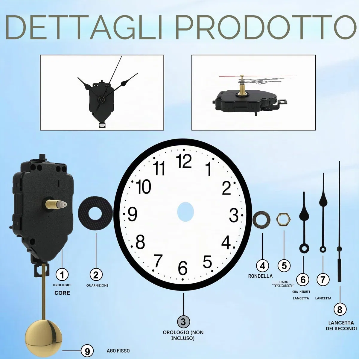 Kit Meccanismo Orologio a Pendolo al Quarzo, Movimento a Batteria con 3 Coppie di Lancette Diverse, Ideale per la Sostituzione e Creazione di Orologi da Parete