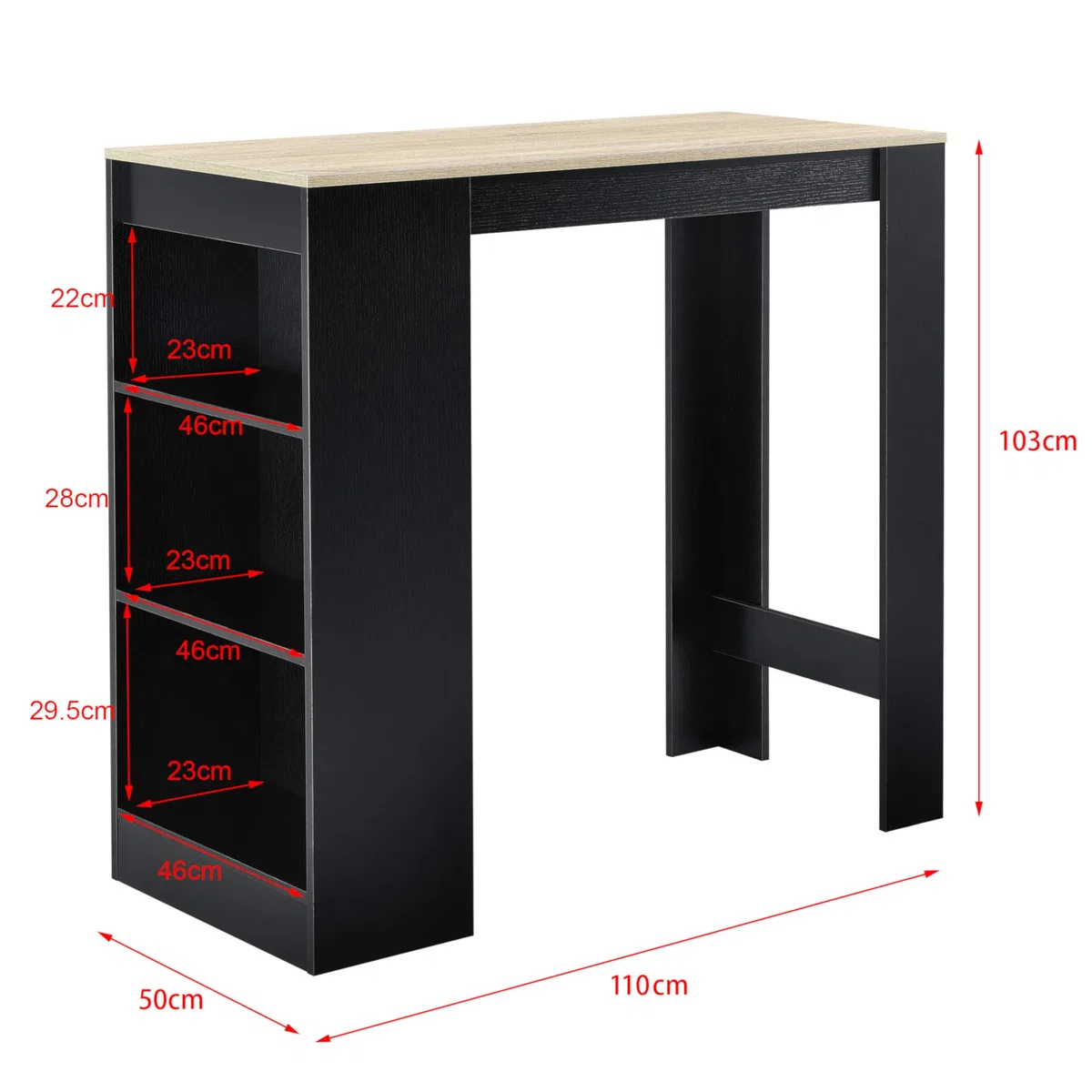 [en.casa] Tavolo Alto da Bar con 3 Scomparti Aperti Bancone da Lounge Caffè Bistrot con Ripiani Laterali Penisola Cucina Stretta 110x50x103 cm - Nero/Effetto Rovere