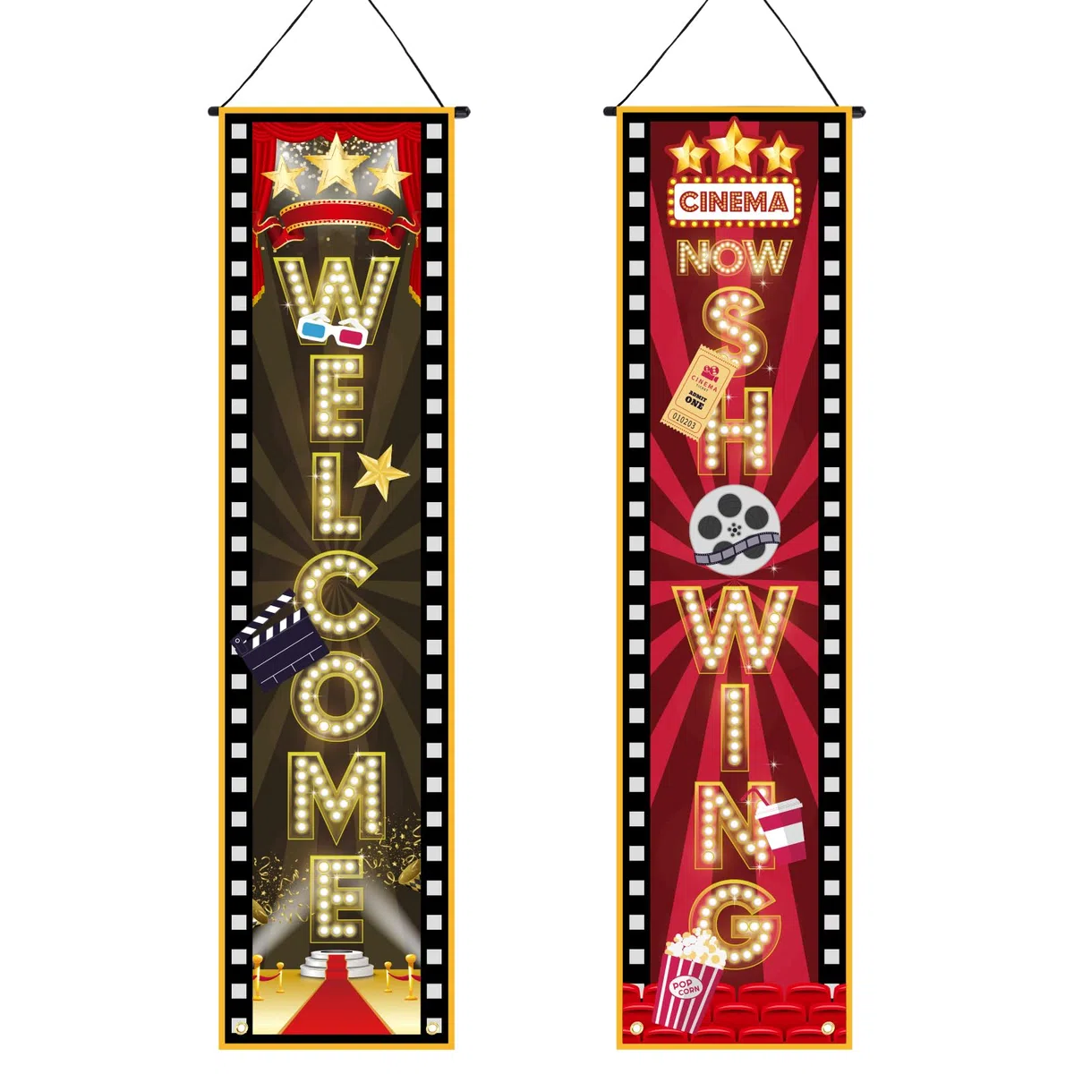 2pz Striscione per Serata Cinema, 120x30cm Cartello da Appendere Benvenuti Ora in Mostra Tema Serate Cinema Decorazioni Feste per Sfondo Feste con Cinepresa Domestica