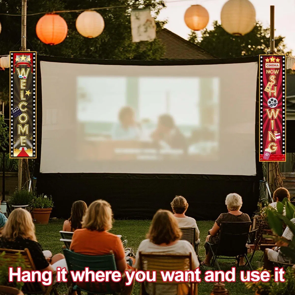 2pz Striscione per Serata Cinema, 120x30cm Cartello da Appendere Benvenuti Ora in Mostra Tema Serate Cinema Decorazioni Feste per Sfondo Feste con Cinepresa Domestica