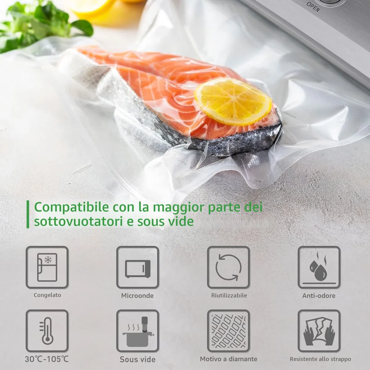 KitchenBoss Sacchetti Sottovuoto per Alimenti：Rotoli Sottovuoto Alimenti Goffrati, Buste Sottovuoto Alimenti senza BPA per Macchina Sottovuoto e Cottura Sous Vide, 8 Rotoli 20x3/28x5/x300cm